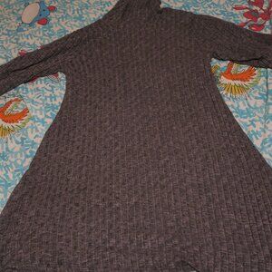Michael Stars Dress Large Gray Ribbed Stretch Mock Neck Flare Lined Elbow Sleeve